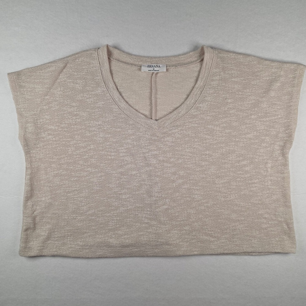 Zenana Slub Hacci V-Neck Cropped Top S Beige‎ Cap Sleeve Boxy Tee